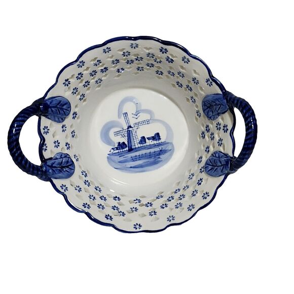 Blue White Pottery Reticulated Handpainted Candy Dish Windmill Delft Style China - Picture 1 of 8